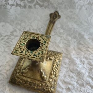 Vintage Solid Brass Candle Holder with Intricate Design Square Base Chamberstick